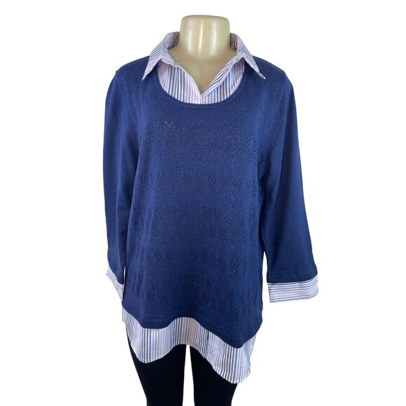 Alfred Dunner Women's Blue Long Sleeve & Layered Collared Sweater Sz L - Picture 1 of 6